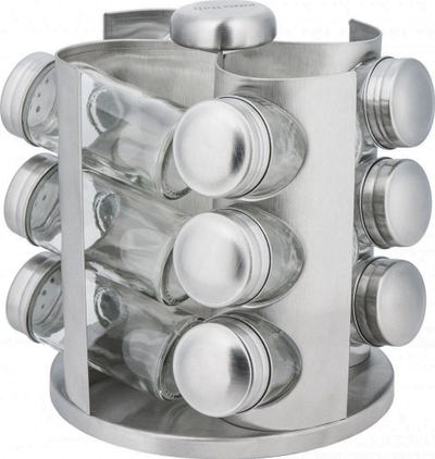 Set kavanozësh për erëza KingHoff KH-4005, 13 copë, qëndrim rrotullues inox, transparent