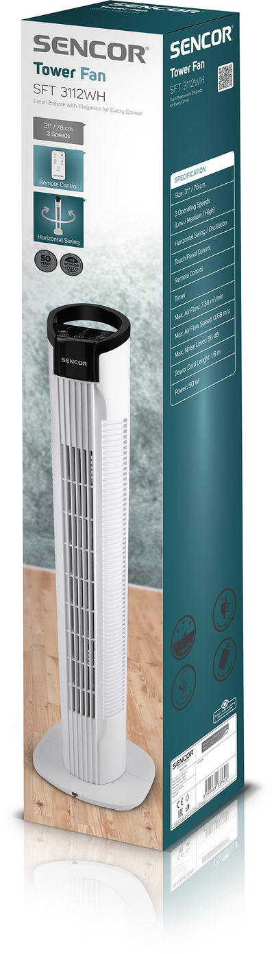 Ventilator kolonë Sencor SFT 3112WH, 50 W, me telekomandë, i bardhë