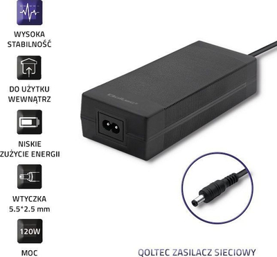 Adapter karikues për laptop Qoltec, 72W, 24V 3A, 2.5mm, i zi