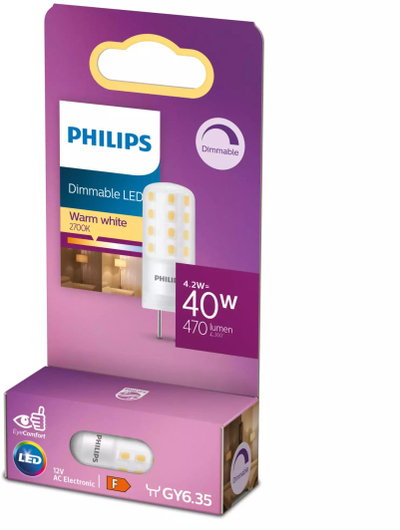 Llambë LED Philips GY6.35, 4.2W 470lm 2700K, zbehëse, e bardhë