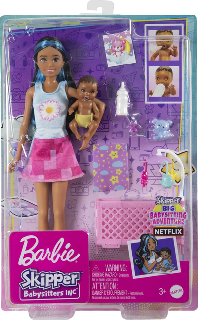 Set lodër Barbie Skipper Babysitters Crib Playset, me bebe kukull, krevat me gërvishka, rozë