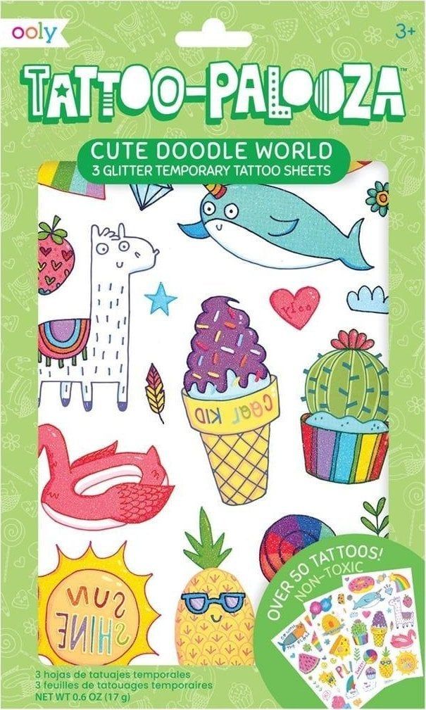 Set tatuazhesh të përkohshme Ooly Tattoo Palooza Cute Doodle World, mbi 50 copë, me shkëlqim, shumëngjyrëshe