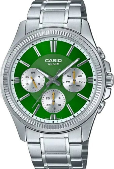 Ora dore Casio MTP-1375D-3 Enticer, çelik inoks, rezistente 50m, ciferblat i gjelbër