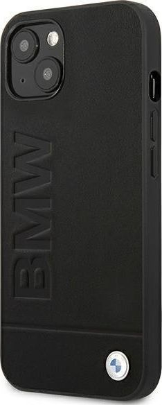Futrollë BMW Leather Case për iPhone 13, lëkurë, logogram metalik, e zezë