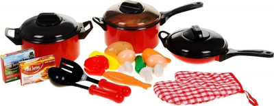 Set kuzhine lodër LINFUN KIDS, tenxhere dhe tiganë, aksesorë gatimi, e kuqe e zezë