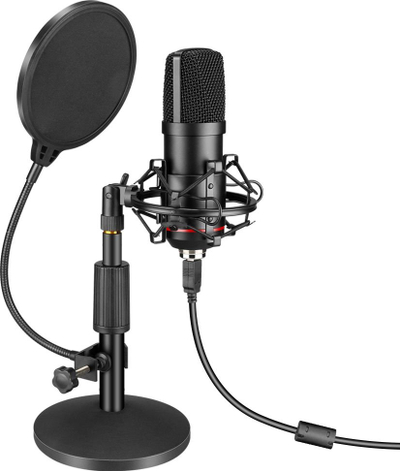 USB микрофон Mozos MKIT-900PRO Gamer, студио сет со поп филтер PS-1, црн