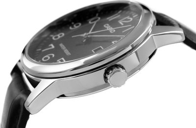 Orë dore Casio MTPV002L-1B, mekanizëm quartz japonez, rezistente ndaj ujit 30m, rrip lëkure i zi