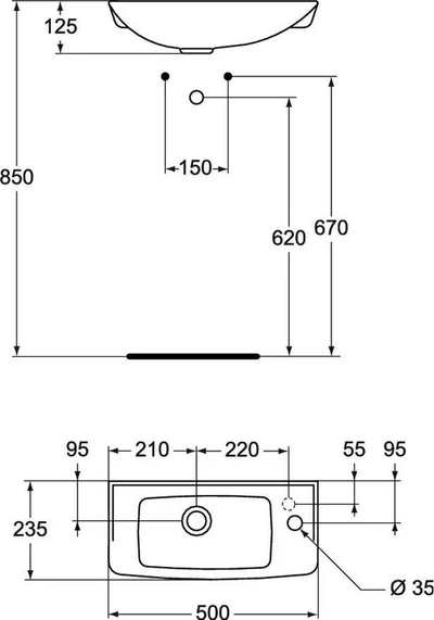 Лавабо Ideal Standard Ulysse W409601, 60x46 cm, дупка за батерија во средина, бело