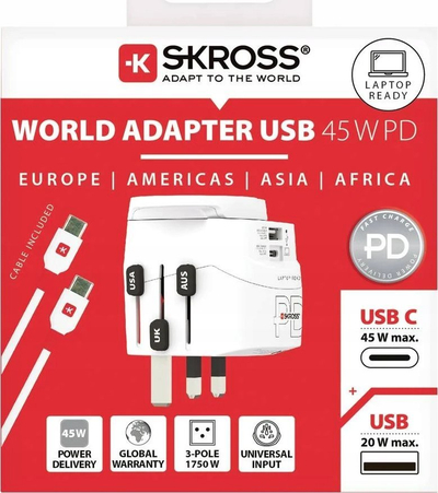 Adapter udhëtimi Skross Pro Light USB AC45PD, me PD USB, i bardhë