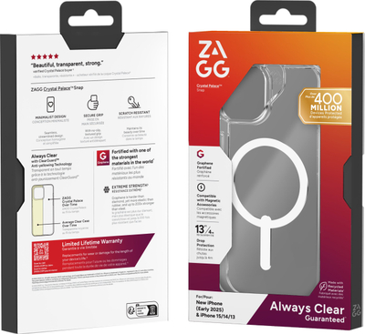 Капак за телефон ZAGG Crystal Palace Snap iPhone 16 15 14 13, заштита 4m, компатибилен со MagSafe, проѕирен