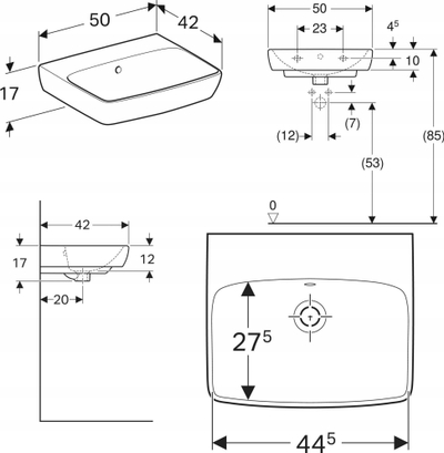 Lavabo muri Geberit Selnova 50x42cm, qeramike, e bardhë