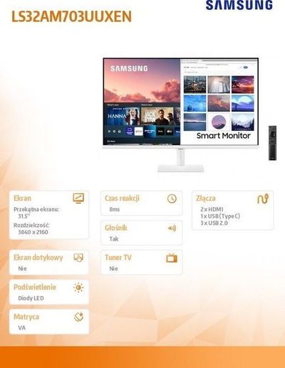 Monitor Samsung, 32 ", 3840 x 2160 (UHD 4K), i bardhë