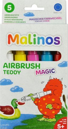 Set stilolapsa airbrush Malinos Magic Teddy, 5 ngjyra, me stencil, për fëmijë 5+