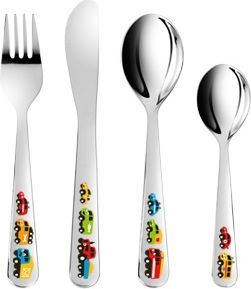 Set lugë e pirunë për kalamaj Tescoma Bambini Cars, 4 copë, çelik inox, shumëngjyrësh