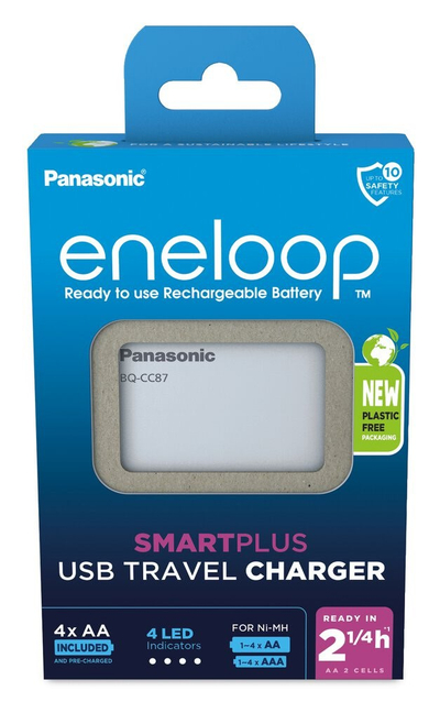 Karikues baterish Panasonic Eneloop BQ-CC87, USB Travel, 4x AA të rikarikueshme, i bardhë