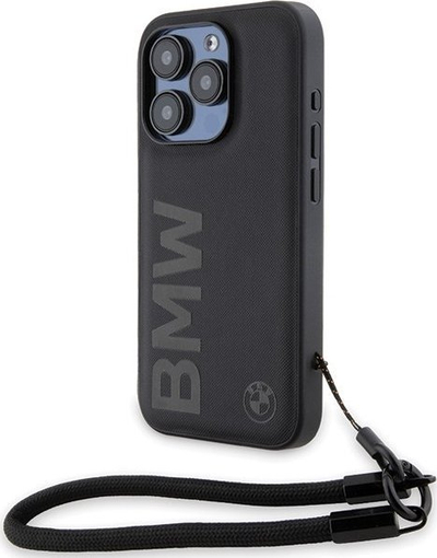 Mbështjellës telefoni BMW Signature Leather Wordmark Cord për iPhone 15 Pro Max, lëkurë, i fortë, i zi