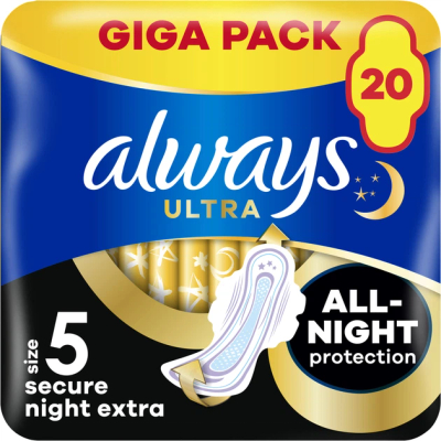 Peceta higjienike Always Ultra Secure Night Extra, madhësia 5, 20 copë, shumëngjyrëshe