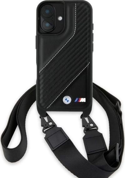 Mbulesë telefoni BMW M Series Carbon Stripe & Strap BMHCP16S23PSCCK, për iPhone 16 6.1", me rrip, e zezë