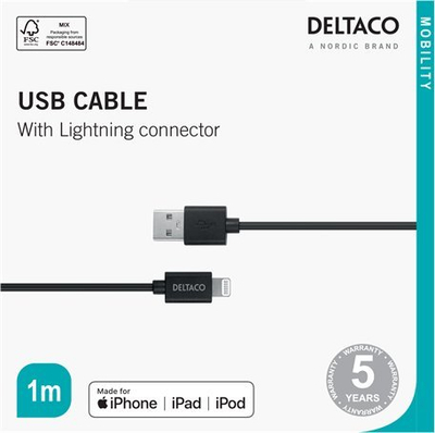 Kabllo USB Deltaco IPLH-411, USB A me Lightning, 1 m, e zezë