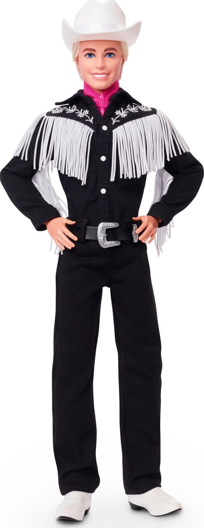 Kukull Barbie Ken Cowboy për koleksion, me trup që lëviz, bandanë rozë, rrobë të zezë