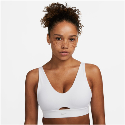 Sutjen sportiv Nike Dri FIT Indy V Neck, për femra, mbështetje e lehtë, i bardhë