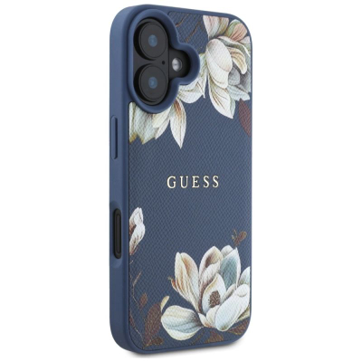 Калуст за телефон Guess iPhone 16, MagSafe, дизајн со цветови, сина