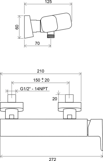 Батерија за туш Равак 10 TD032.00150, ѕидна, 150 mm, хром