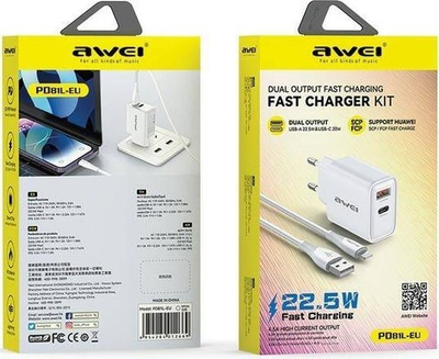 Karikues Awei PD81L EU GaN, 22.5W, 1x USB A 1x USB C, i bardhë