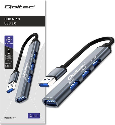 USB hub Qoltec 4in1, USB 3.0, 3x USB 2.0, gri grafit