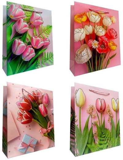 Qese dhurate universale Tulips L, letër 210g, me lule tulipan, shumëngjyrëshe