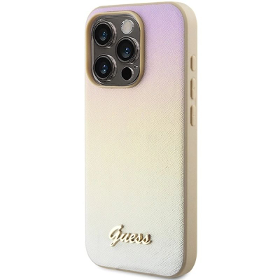 Mbulesë telefoni Guess Saffiano Iridescent Script për iPhone 15 Pro Max, TPU, ngjyrë flori