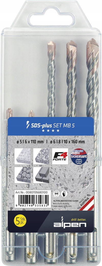 Set wiertosh për beton Alpen SDS-plus F4 MB5, 5 copë, diametra 5-10mm, gri