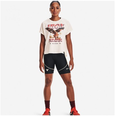 Shorce sportive Under Armour Project Rock HeatGear, për femra, zi bezhë