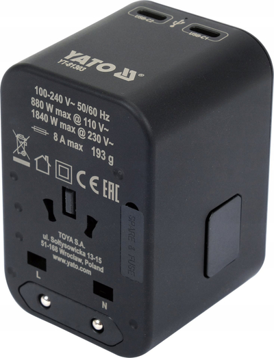 Adapter udhëtimi universal YATO YT-81303, 65W USB C PD, 110–240V, i zi