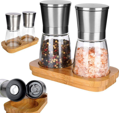 Set mullinjsh për erëza, mekanizëm qeramike, me bazë bambuje, xham dhe çelik inox