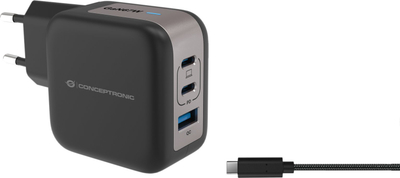 Полнач Conceptronic 3 порти GaN, 67W, USB PD и брзо полнење, бел