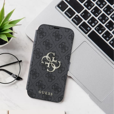 Këllëf telefoni Guess GUBKP16L4GMGGR, tip “book” për iPhone 16 Pro 6.3", 4G Metal Logo, i zi