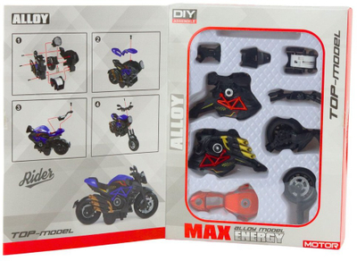 Lodër motorçikletë DIY metalike 1:14, për montim, e zezë e kuqe