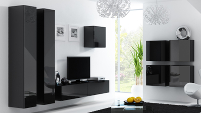 Kabinet TV Bed Meble Vigo 180, 180 cm, MDF dhe panel druri, i zi mat