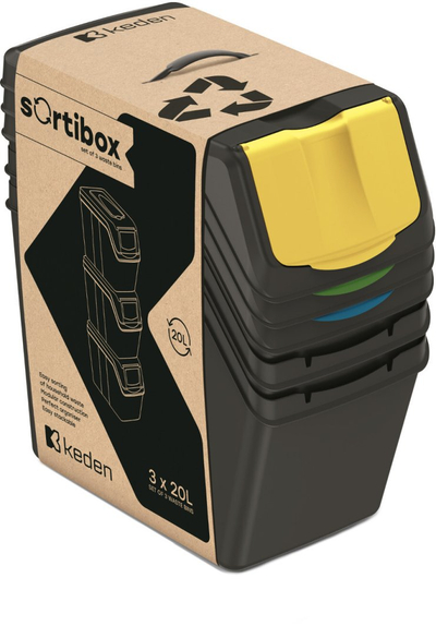Set kosha mbeturinash SORTIBOX Recycled, 3x20L, plastikë e ricikluar, të zinj