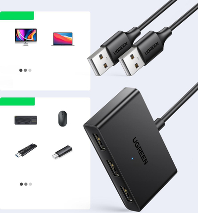 USB делител UGREEN 2 во 3, 3 USB-порти, со 2 кабли, црн