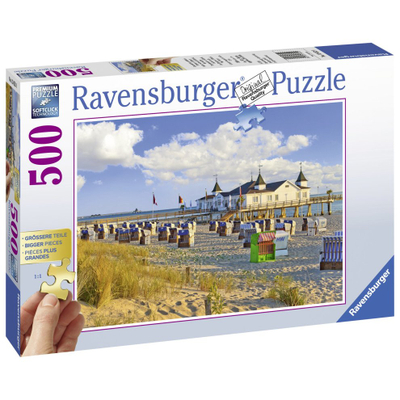 Puzzle Ravensburger Beach Chairs in Ahlbeck Baltic Sea, 500 copa, peizazh bregdetar, shumëngjyrësh