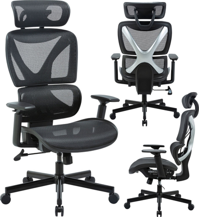Karrige zyre ergonomike Mozos Ergo R, rrjetë që merr frymë, mbështetje mesi, e zezë