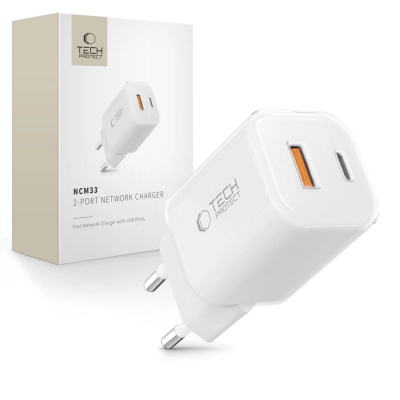 Полнач за мрежа Tech-Protect NCM33W, 33W, 2 порти PD QC3.0, бел