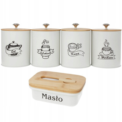 Set kavanozësh kuzhine Brunbeste, 5 copë, çelik inox me kapak bambuje, kafe bardhë