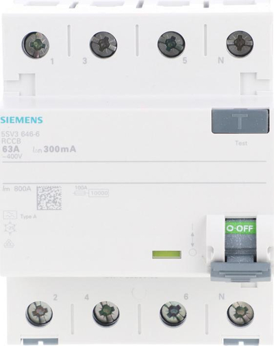 Ndars diferencial Siemens 5SV3 646-6, 63A, 300mA, i bardhë