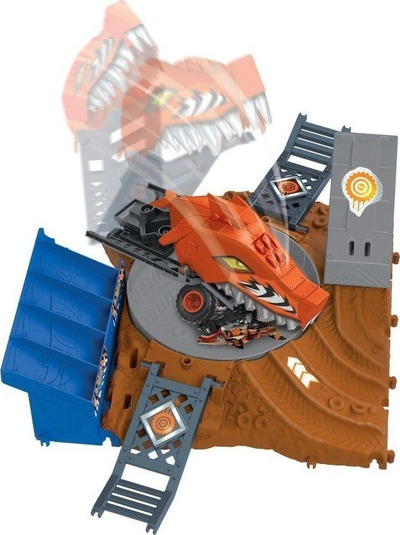 Set loje Hot Wheels Monster Trucks Arena Smashers Tiger Shark Challenge, playset me kamion, shumëngjyrësh