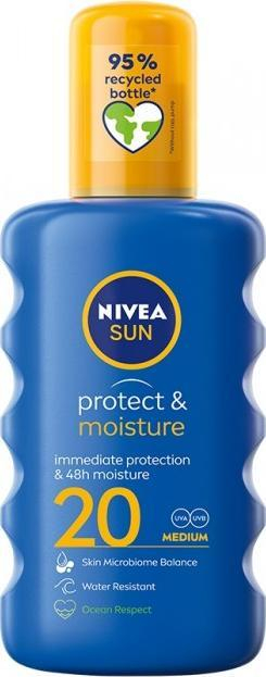 Locion sprej kundra diellit Nivea Sun Protect &amp; Moisture SPF 20, 200 ml, i kaltër