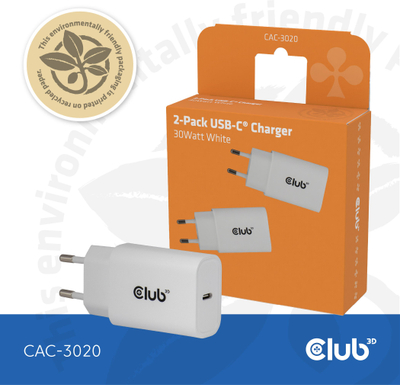 Karikues USB C Club3D Lifestyle, 30W, set 2 copë, i bardhë
