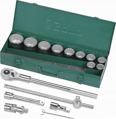 Set çelësash goditës SATA 09015, 30-60mm, 12-këndësh, me kuti metalike jeshile